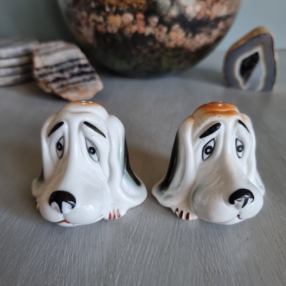 Vintage hound dog salt and pepper shakers made in Taiwan with droopy eyes and brown glaze.