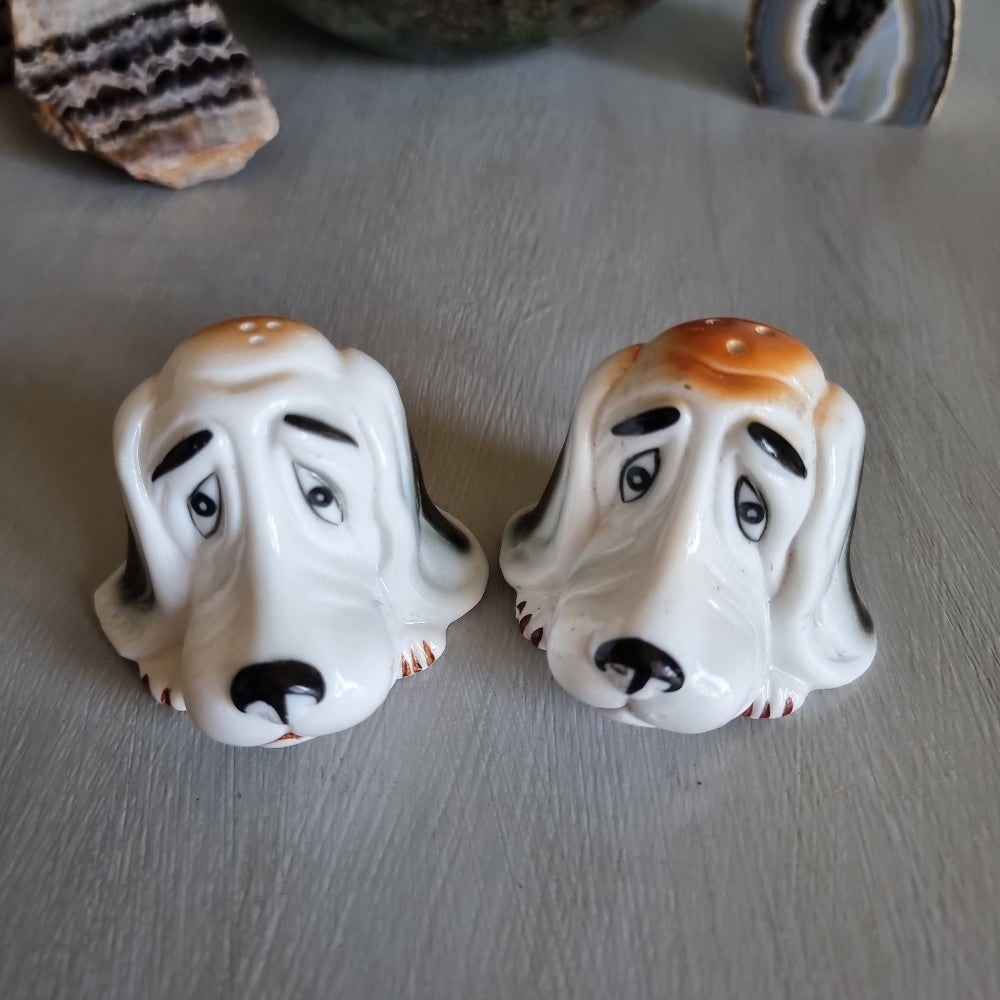 Vintage hound dog salt and pepper shakers made in Taiwan with droopy eyes and brown glaze.
