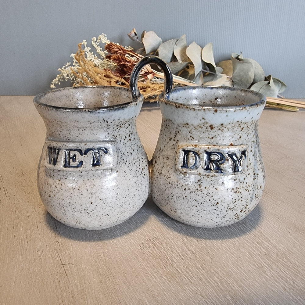 Vintage stoneware “Wet & Dry” pots with handle and speckled glaze.