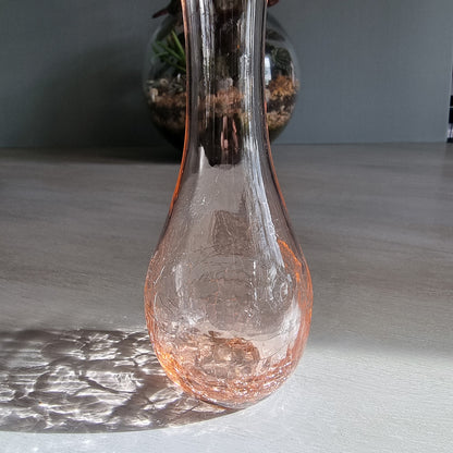Vintage pink crackle glass bud vase with ruffled rim and soft blush tone.