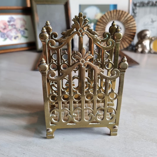 Vintage brass filigree letter rack with ornate floral design