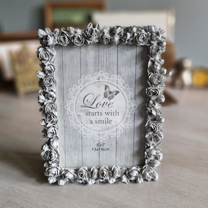 Grey floral rose border photo frame with vintage charm