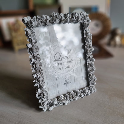 Grey floral rose border photo frame with vintage charm