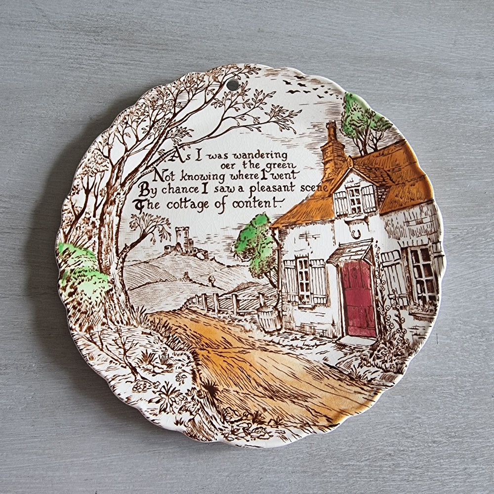 Vintage Royal Staffordshire plate with cottage scene and poem, designed for hanging.