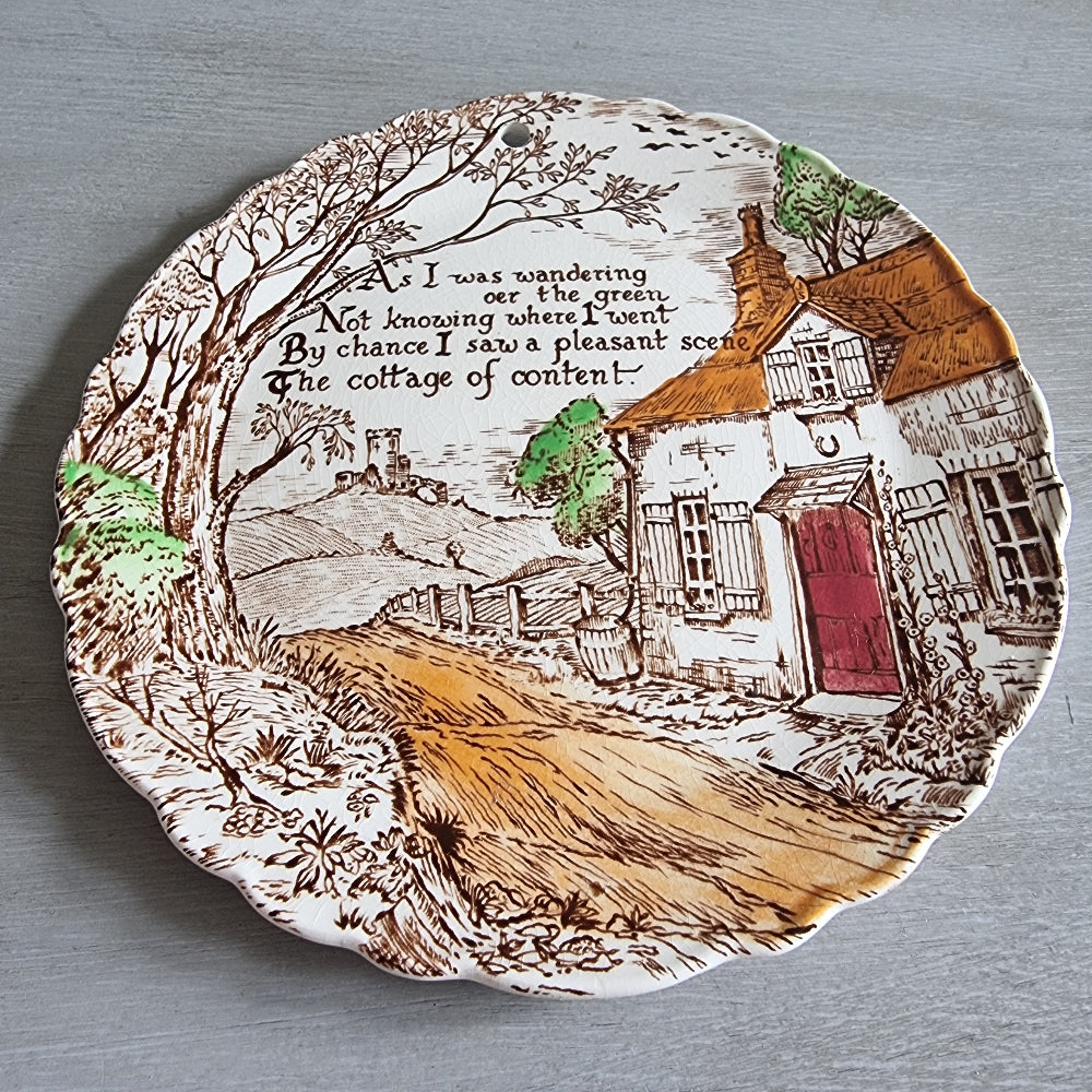 Vintage Royal Staffordshire plate with cottage scene and poem, designed for hanging.