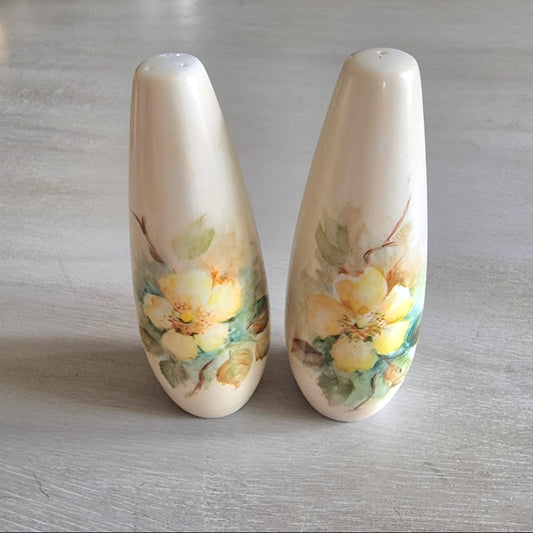 Hand-painted floral salt and pepper shakers with yellow flowers by Maude Hinde.