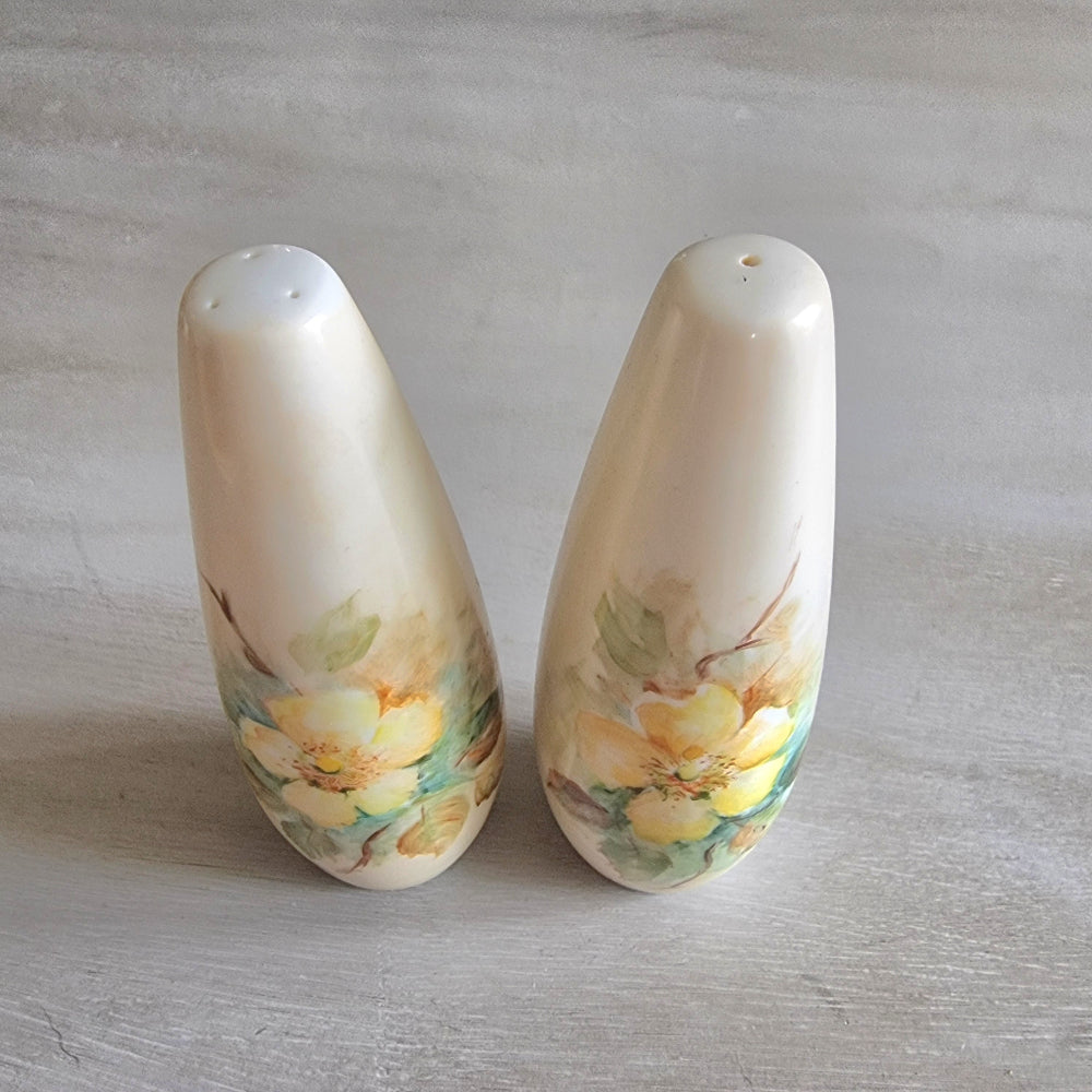 Hand-painted floral salt and pepper shakers with yellow flowers by Maude Hinde.