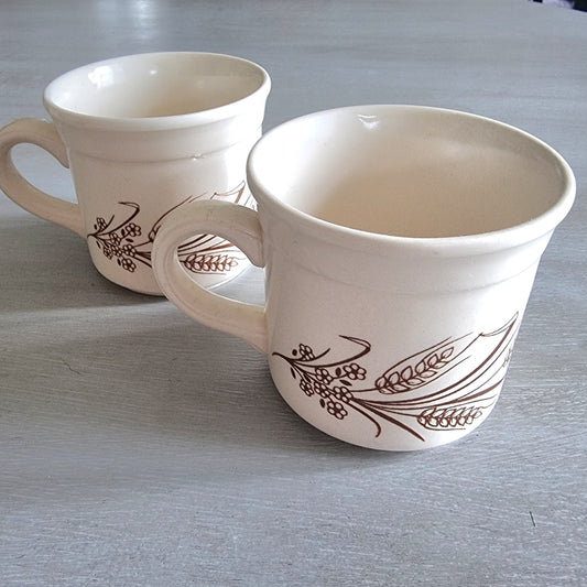 Pair of Biltons England stoneware mugs with brown wheat and berry design.