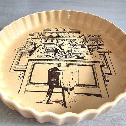 Vintage fluted plate with black pottery workshop illustration on warm yellow glaze.