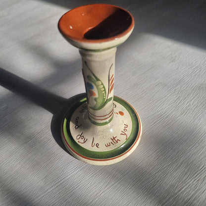 Torquay Motto Ware ceramic candle holder with “Good night and joy be with you” inscription.