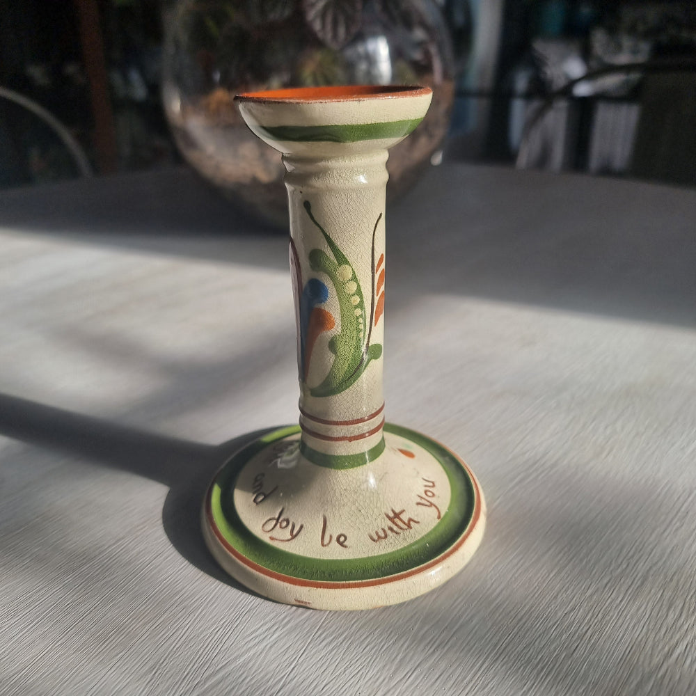Torquay Motto Ware ceramic candle holder with “Good night and joy be with you” inscription.