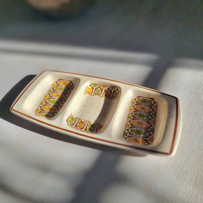 Palissy three section ceramic serving dish with retro floral pattern by Royal Worcester England.