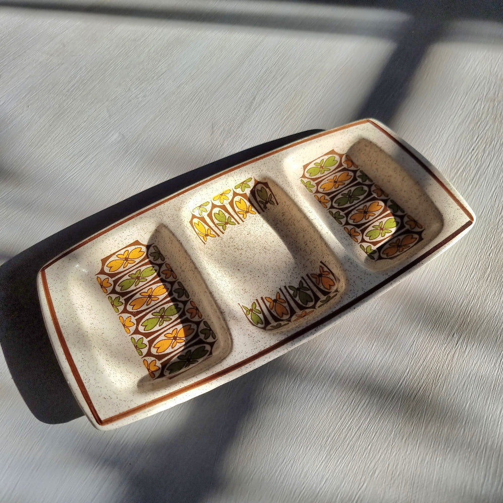 Palissy three section ceramic serving dish with retro floral pattern by Royal Worcester England.