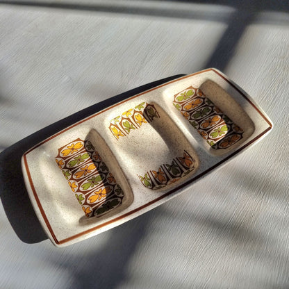 Palissy three section ceramic serving dish with retro floral pattern by Royal Worcester England.
