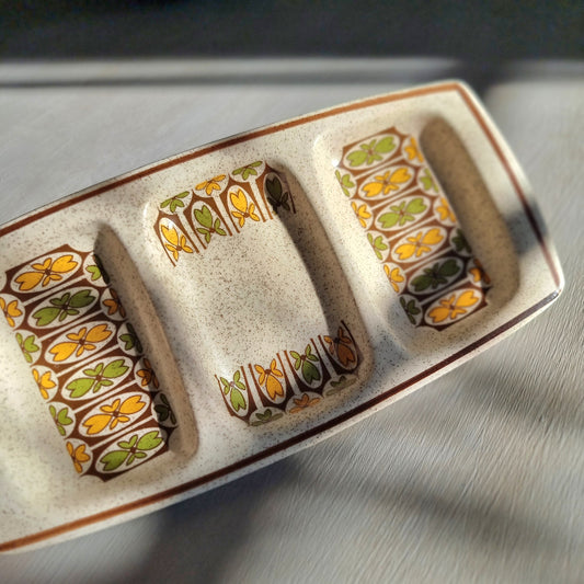 Palissy three section ceramic serving dish with retro floral pattern by Royal Worcester England.