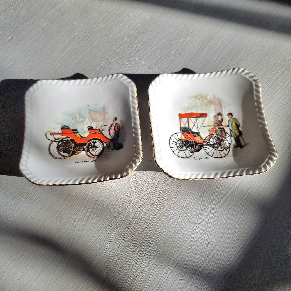 Royal Adderley bone china dishes featuring vintage cars Lanchester 1895 and Duryea 1893