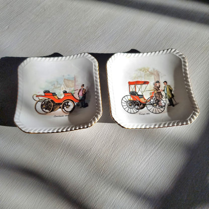 Royal Adderley bone china dishes featuring vintage cars Lanchester 1895 and Duryea 1893
