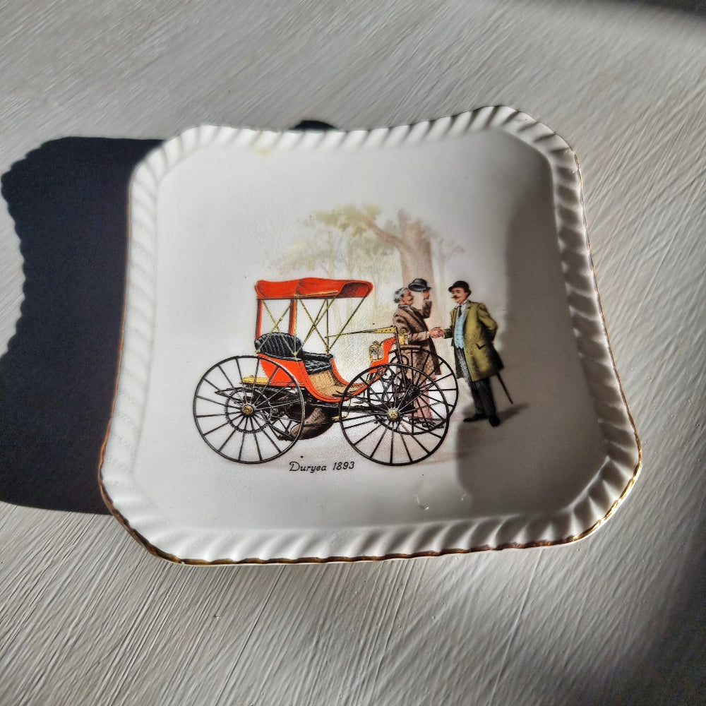 Royal Adderley bone china dishes featuring vintage cars Lanchester 1895 and Duryea 1893