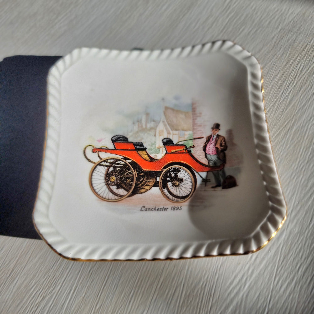 Royal Adderley bone china dishes featuring vintage cars Lanchester 1895 and Duryea 1893