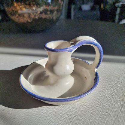 New Zealand stoneware chamberstick by Thelma Lamont Pottery with blue dripped glaze rim