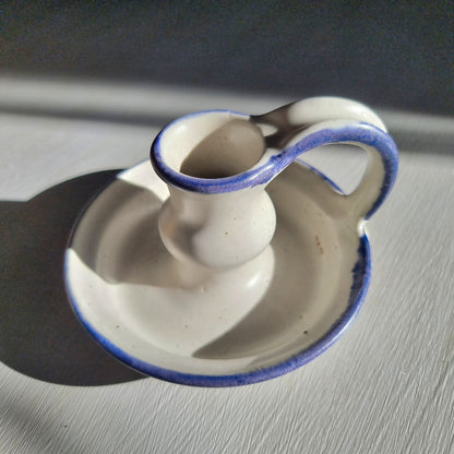 New Zealand stoneware chamberstick by Thelma Lamont Pottery with blue dripped glaze rim