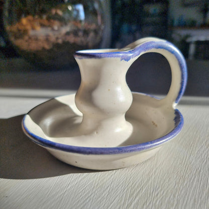 New Zealand stoneware chamberstick by Thelma Lamont Pottery with blue dripped glaze rim