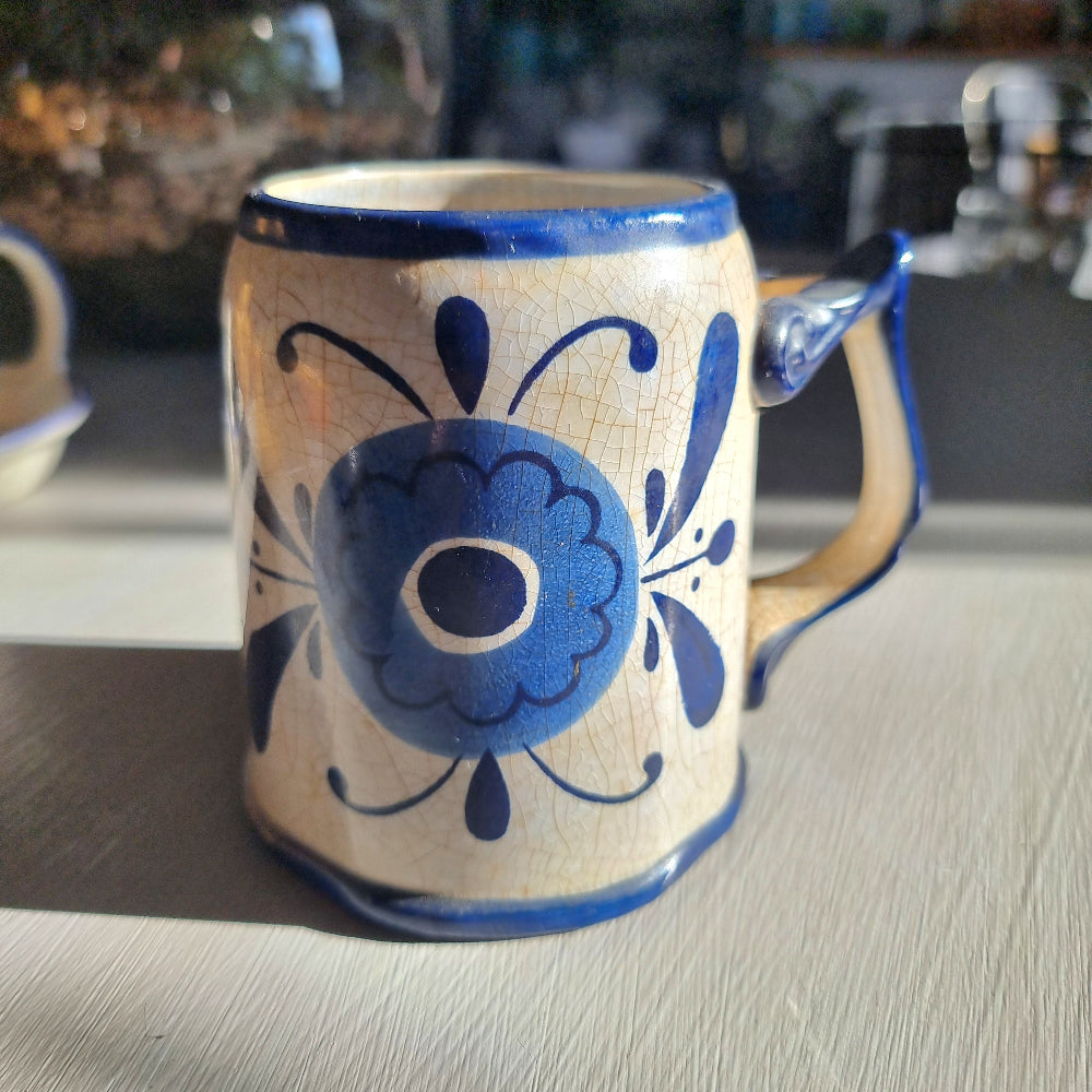 Vintage Sango hand painted blue floral mug with crackle glaze and sculpted handle