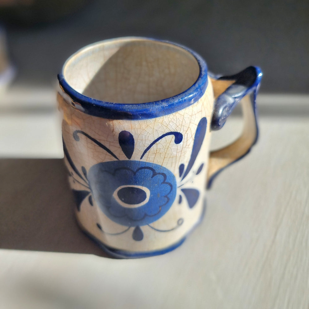 Vintage Sango hand painted blue floral mug with crackle glaze and sculpted handle