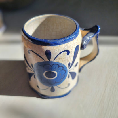 Vintage Sango hand painted blue floral mug with crackle glaze and sculpted handle
