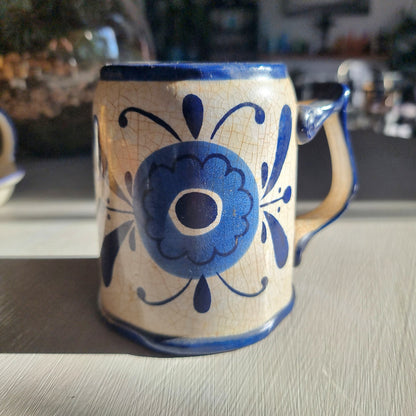 Vintage Sango hand painted blue floral mug with crackle glaze and sculpted handle