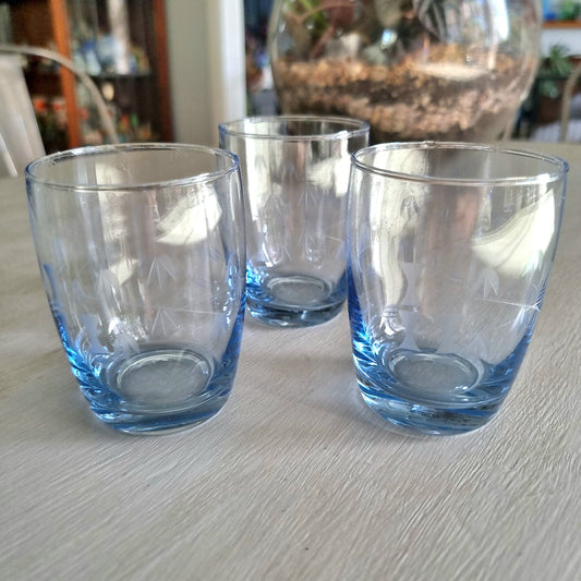 Set of three clear tumblers with blue base and bamboo etched pattern