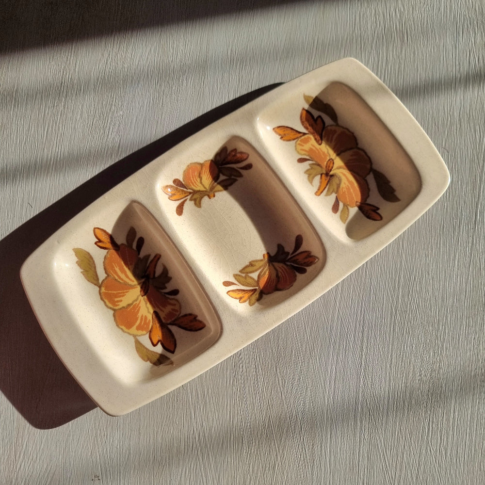 Vintage Palissy three section serving dish with floral pattern and divided compartments