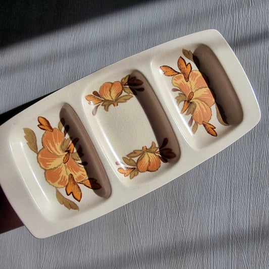 Vintage Palissy three section serving dish with floral pattern and divided compartments