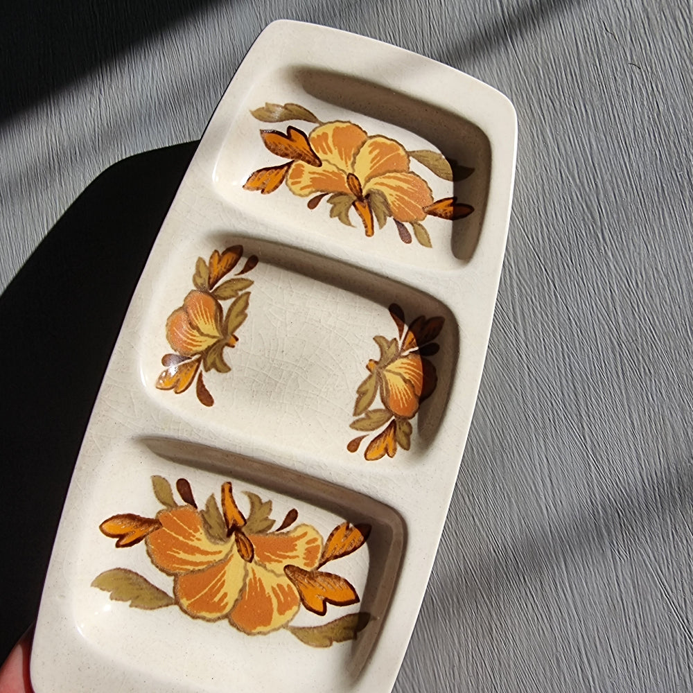 Vintage Palissy three section serving dish with floral pattern and divided compartments