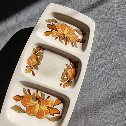 Vintage Palissy three section serving dish with floral pattern and divided compartments