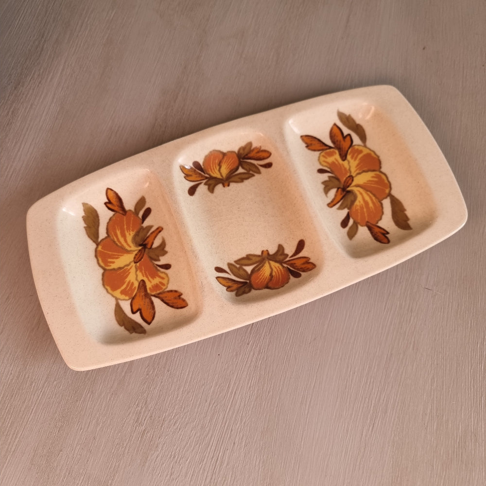 Vintage Palissy three section serving dish with floral pattern and divided compartments
