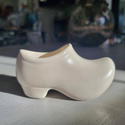 Vintage Shorter and Son ceramic clog planter in cream glaze shaped like a wooden shoe