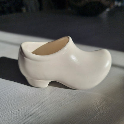 Vintage Shorter and Son ceramic clog planter in cream glaze shaped like a wooden shoe