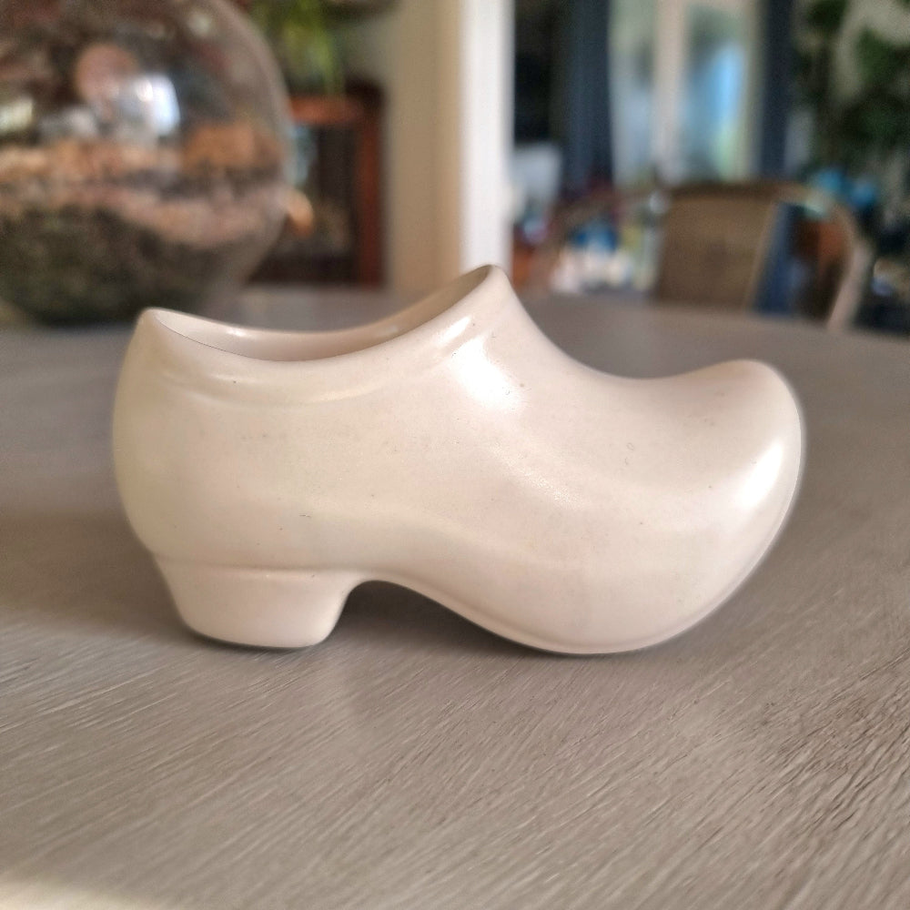 Vintage Shorter and Son ceramic clog planter in cream glaze shaped like a wooden shoe