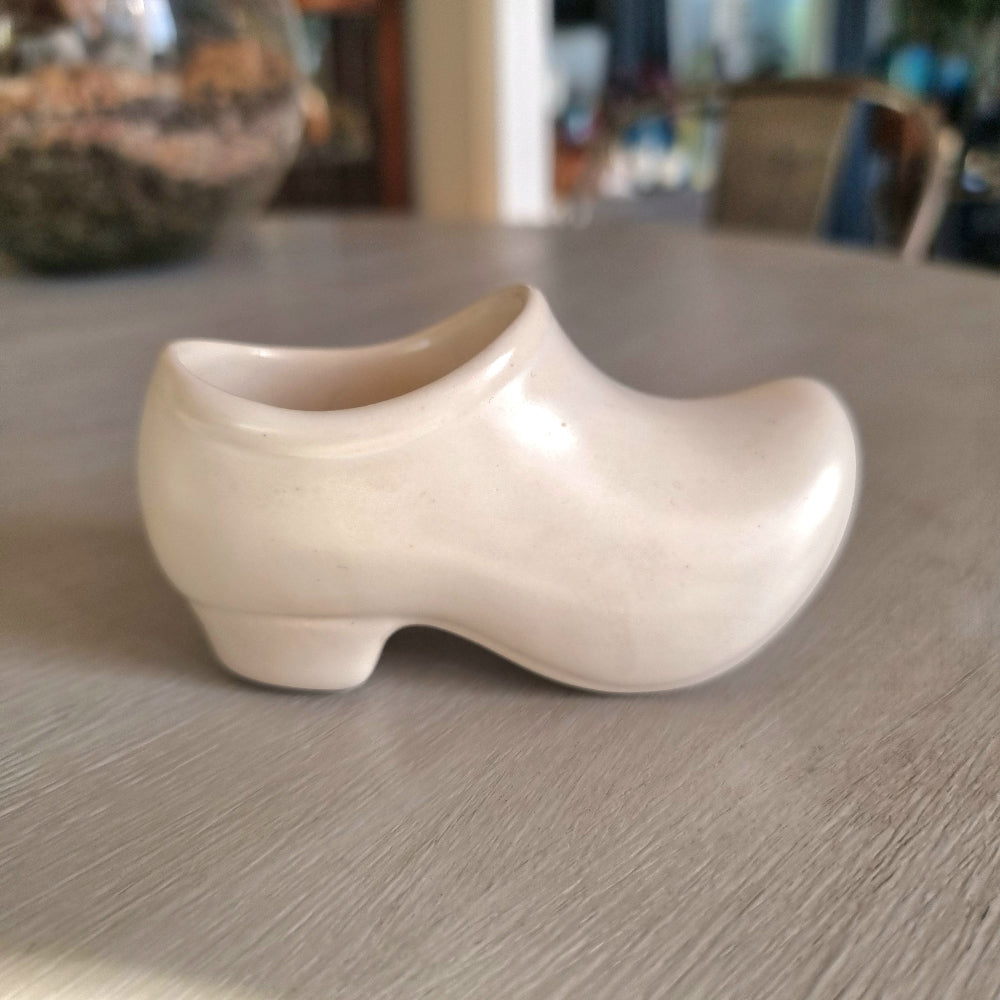 Vintage Shorter and Son ceramic clog planter in cream glaze shaped like a wooden shoe