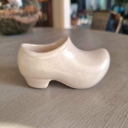 Vintage Shorter and Son ceramic clog planter in cream glaze shaped like a wooden shoe