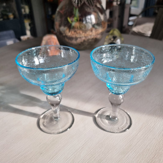 Artland handblown blue bubble glass margarita glasses with clear stems, set of two