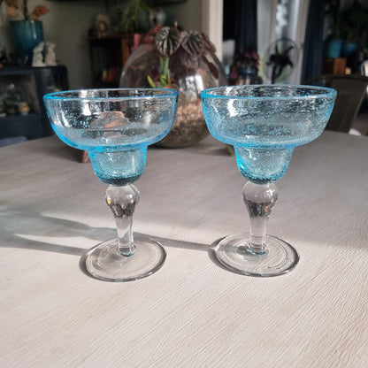 Artland handblown blue bubble glass margarita glasses with clear stems, set of two