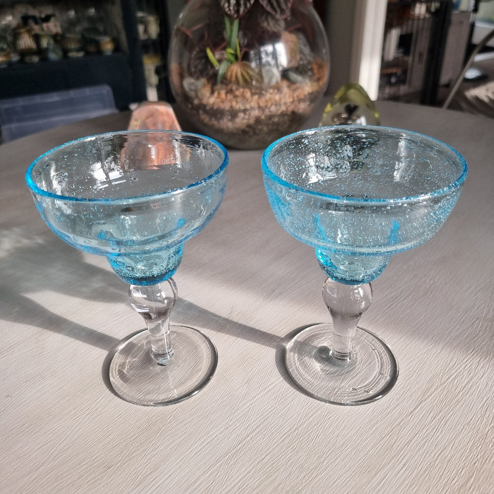 Artland handblown blue bubble glass margarita glasses with clear stems, set of two