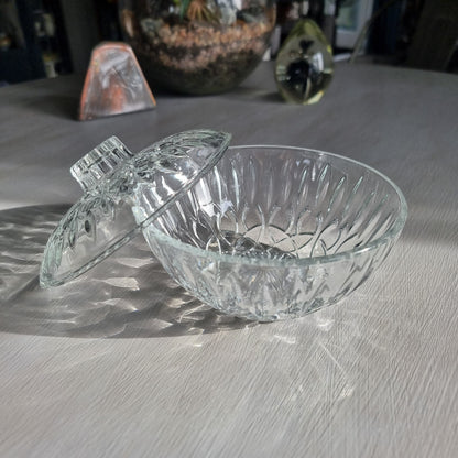 Pasari glass trinket dish with lid featuring pressed floral pattern and clear glass finish