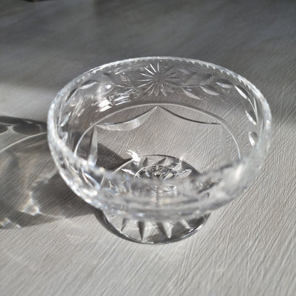 Cut crystal pedestal bowl with etched floral and leaf design and scalloped rim