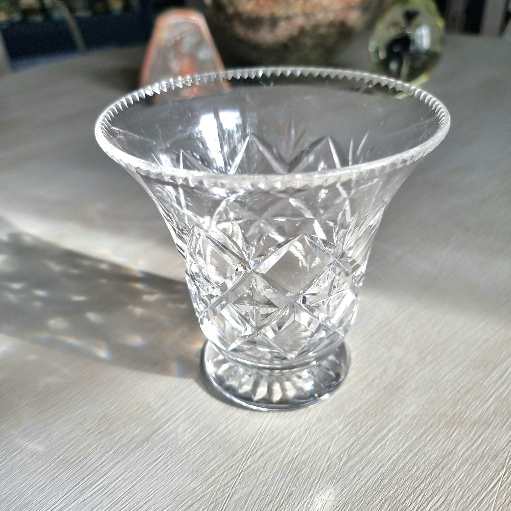 Vintage cut crystal trumpet vase with diamond crosshatch pattern and hobnail rim