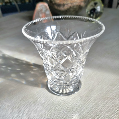 Vintage cut crystal trumpet vase with diamond crosshatch pattern and hobnail rim