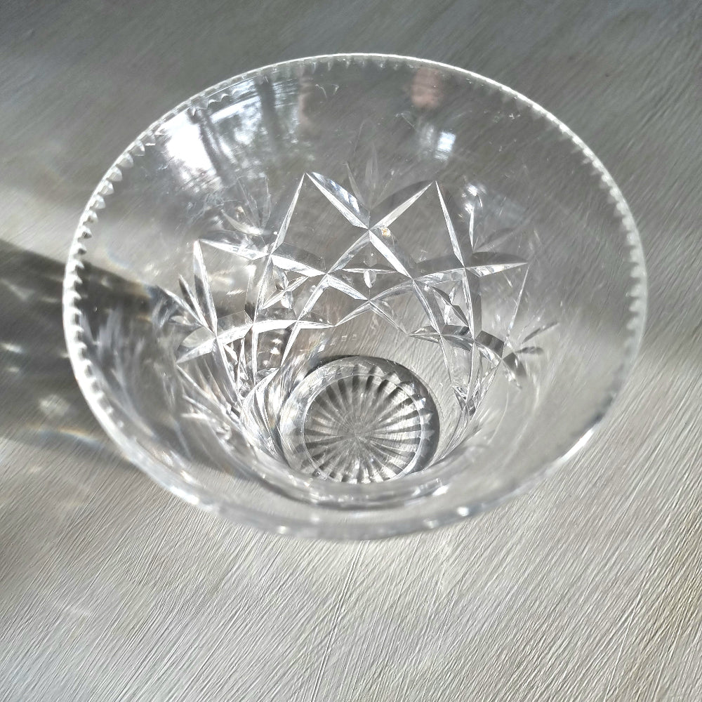Vintage cut crystal trumpet vase with diamond crosshatch pattern and hobnail rim