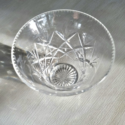 Vintage cut crystal trumpet vase with diamond crosshatch pattern and hobnail rim